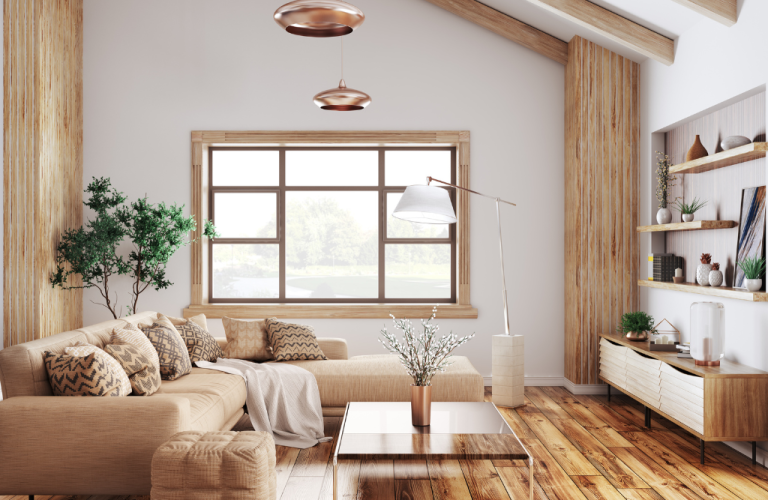 wood and neutral earth tone living room